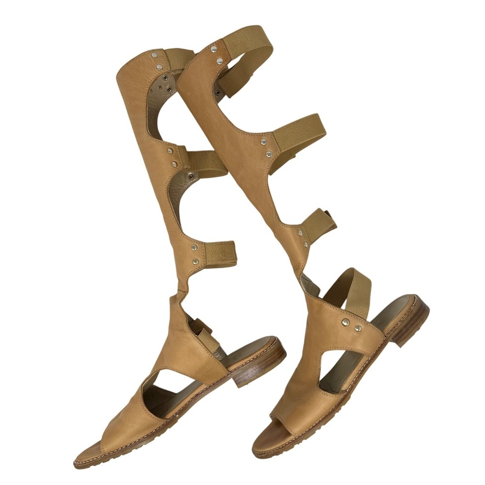 Stuart Weitzman BackView Knee Hight Leather Gladiator Sandals Tan 8 - Picture 2 of 8